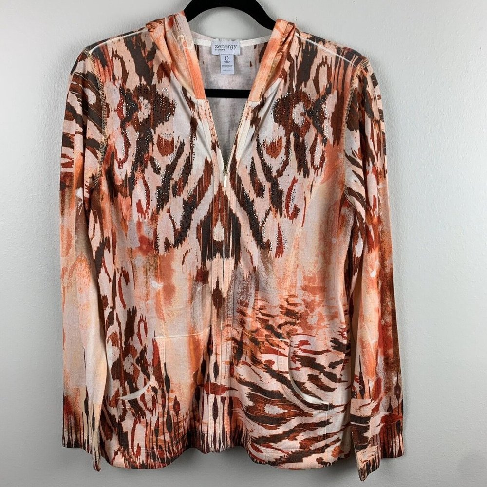 Zynergy by Chicos Multicolor Zip Up Jacket Hoodie Embellished Light Weight Sz 0